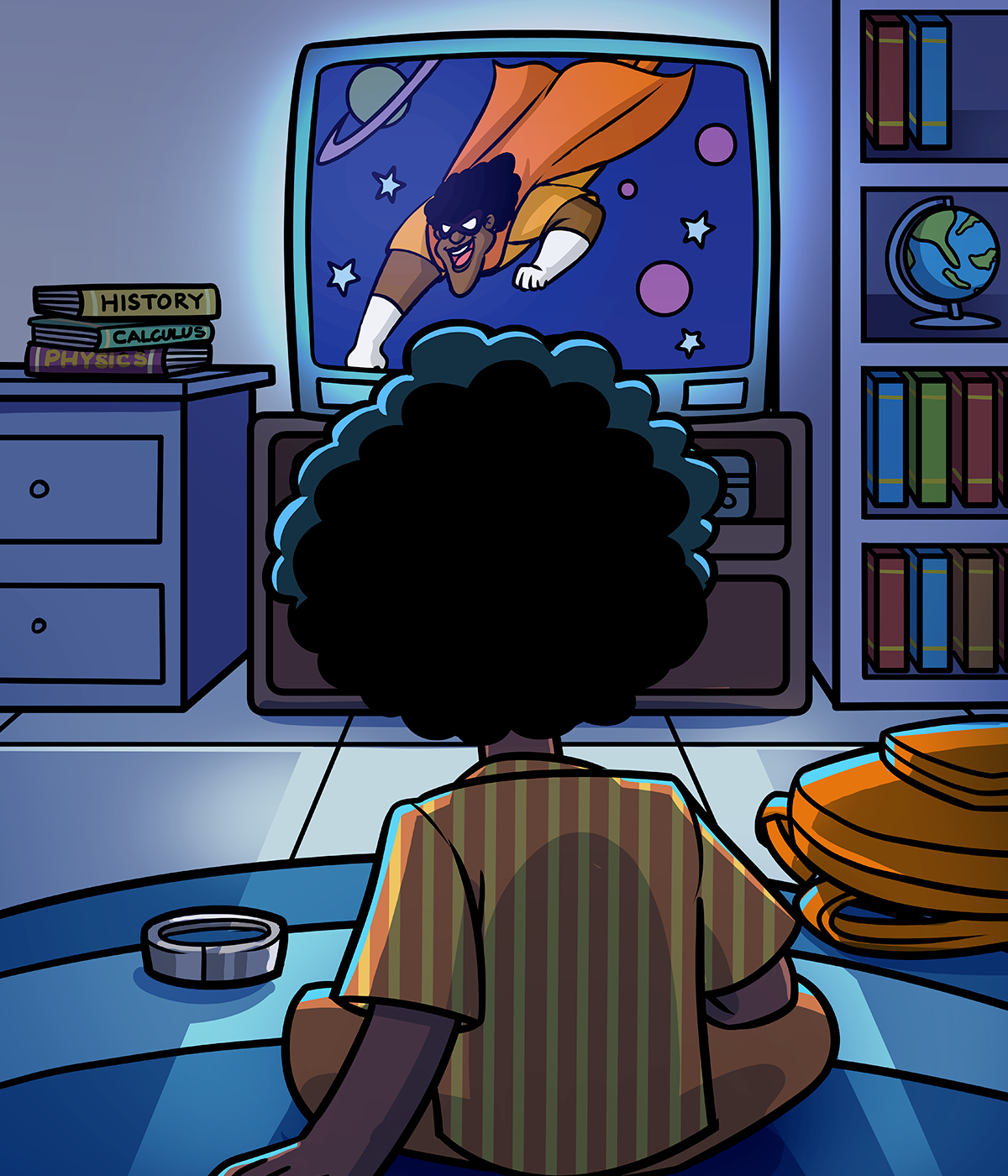 Book cover artwork: a young Marcus Mayweather sitting cross-legged on his bedroom floor at night, watching the original Brown Hornet fly across an old television screen