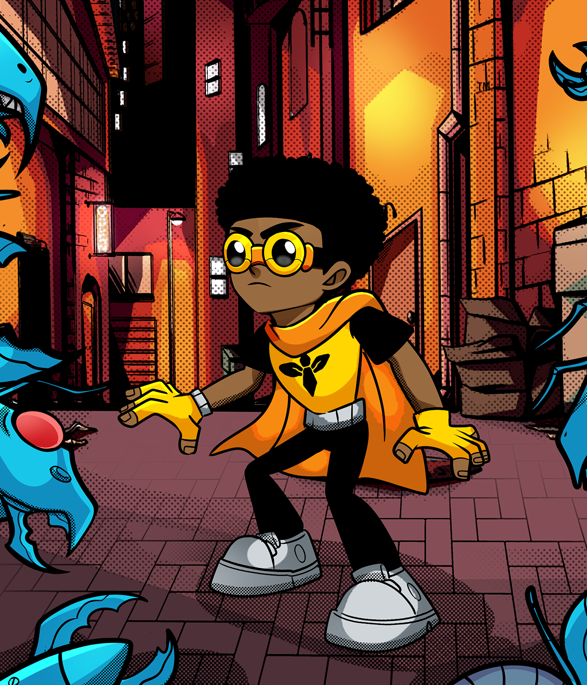 Splash page artwork: Marcus Mayweather in his first homemade Brown Hornet costume, standing his ground in an alleyway as giant horned hornets close in