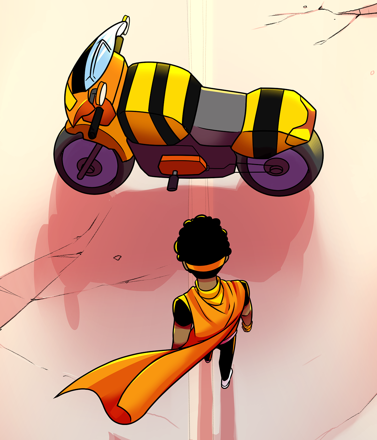 Marcus Mayweather, the new Brown Hornet, walking down an open road toward his gold and black hornet-striped motorcycle, cape trailing behind him